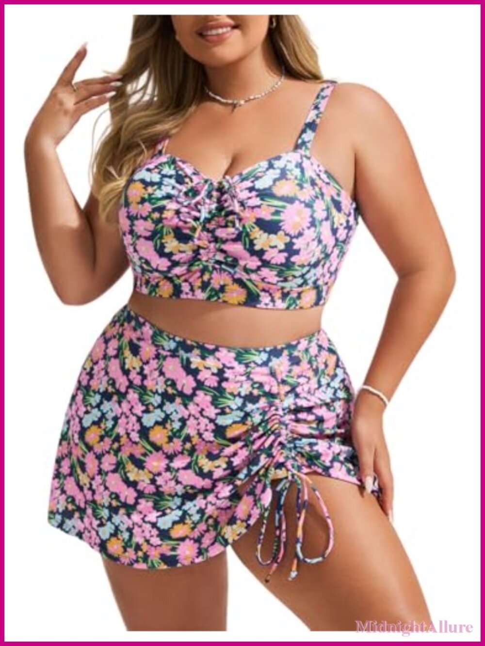 High Waisted Bikini Set with Drawstring Swim Skirt Plus Size